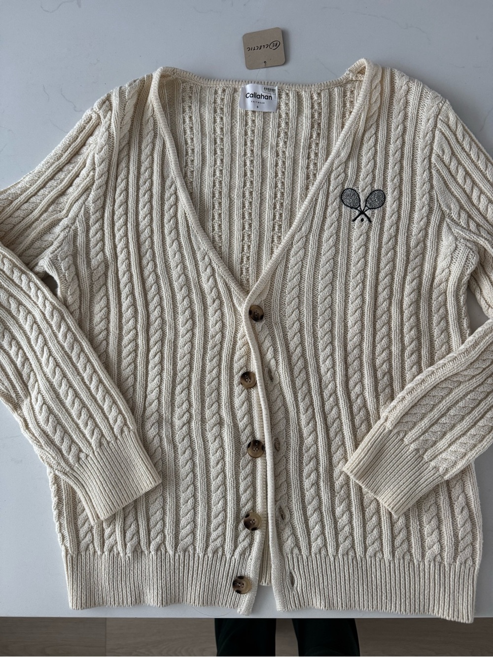 Callahan Cream Cable-Knit V-Neck Button Cardigan with Tennis Motif